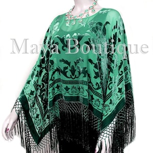 Smaragdgrüne Seide Burnout Samt Poncho FransenTuch Maya Matazaro Made in USA