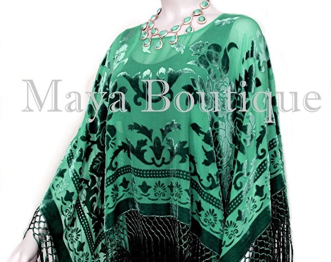 Emerald Green Silk Burnout Velvet Poncho Fringe Top Shawl Maya Matazaro Made in USA