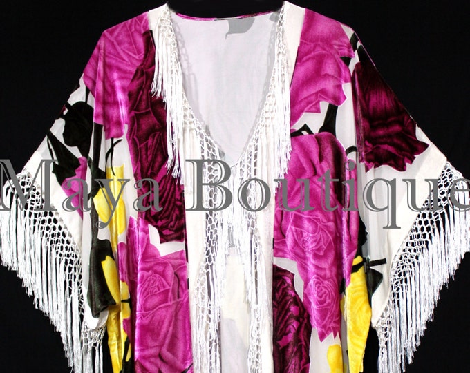Maya Matazaro Fringe Jacket Kimono Duster Silk Burnout Velvet Pop Art Roses Plus