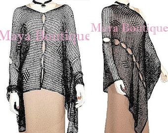 Black Crochet Poncho Top Asymmetrical Rayon Silk Maya Matazaro One Size