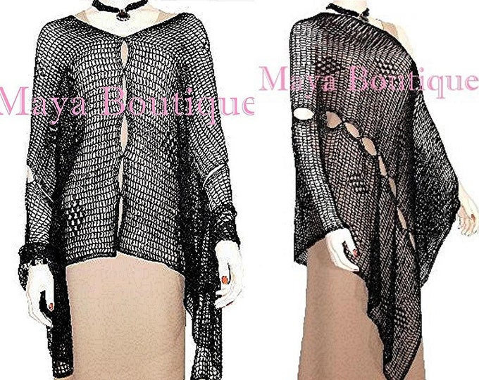 Black Crochet Poncho Top Asymmetrical Rayon Silk Maya Matazaro One Size