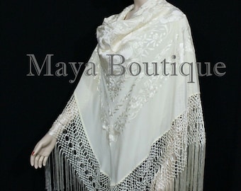 Ivory Flamenco Embroidered Silk Piano Shawl Wrap Flowers & Birds 88" Maya