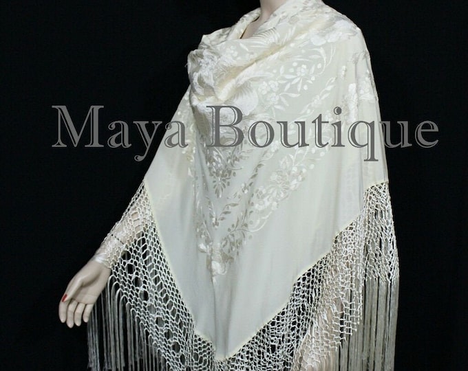 Ivory Flamenco Embroidered Silk Piano Shawl Wrap Flowers & Birds 88" Maya