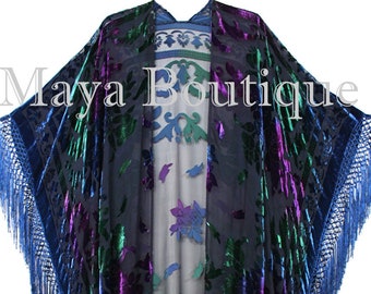Maya Matazaro Tye Dye Navy Blue Multi Fringe Kimono Burnout Velvet Jacket Coat