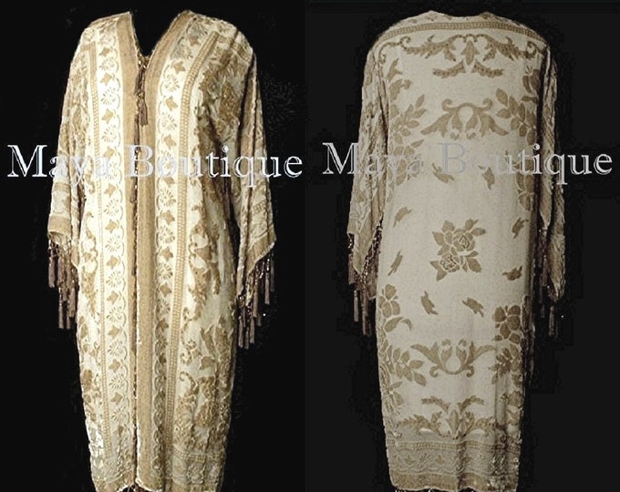 Beige Silk Burnout Velvet Beaded Fringes Jacket Kimono Long Coat Maya Matazaro