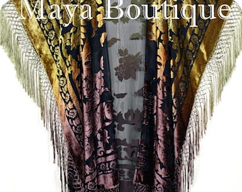 Antique Gold & Brown Wearable Art Kimono Caftan Jacket Velvet Hand Dyed Maya Matazaro