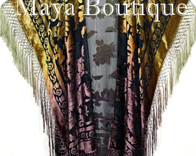 Antique Gold & Brown Wearable Art Kimono Caftan Jacket Velvet Hand Dyed Maya Matazaro