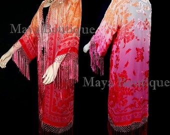 Wearable Art Raspberry Peach Ombre Burnout Velvet Kimono Jacket Hand Dyed Maya Matazaro Made in USA