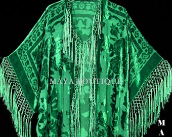 Emerald Green Silk Burnout Velvet Fringe Jacket Kimono Duster Maya Matazaro Plus