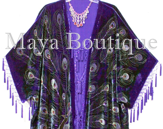 Maya Kimono Opera Coat Duster Beaded Silk Velvet Peacock Purple PLUS - Made in USA