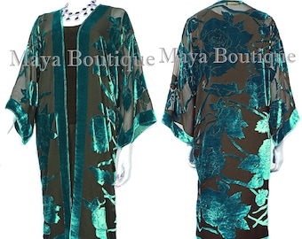 Teal Long Kimono Jacket Silk Burnout Velvet No Fringe Maya Matazaro