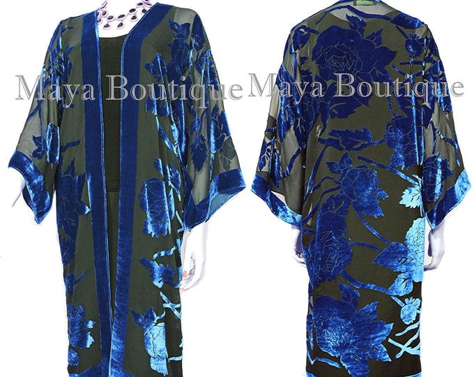 Blue Long Kimono Jacket Silk Burnout Velvet No Fringe Maya Matazaro