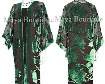 Green Long Kimono Jacket Silk Burnout Velvet No Fringe Maya Matazaro