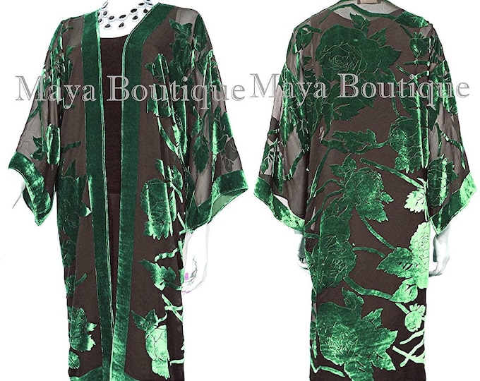 Green Long Kimono Jacket Silk Burnout Velvet No Fringe Maya Matazaro