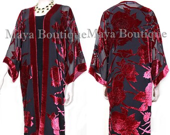 Red Long Kimono Jacket Silk Burnout Velvet No Fringe Maya Matazaro