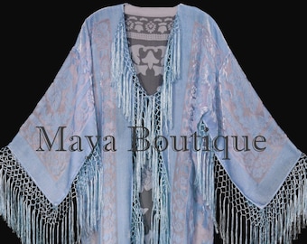 Serenity Blue Silk Burnout Velvet Fringes Jacket Kimono Long Coat Maya Matazaro