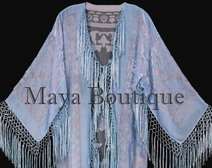 Serenity Blue Silk Burnout Velvet Fringes Jacket Kimono Long Coat Maya Matazaro