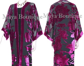 Fuchsia Long Kimono Jacket Silk Burnout Velvet No Fringe Maya Matazaro