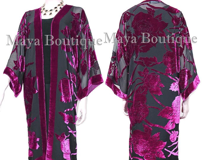Fuchsia Long Kimono Jacket Silk Burnout Velvet No Fringe Maya Matazaro