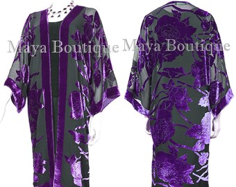 Purple Long Kimono Jacket Silk Burnout Velvet No Fringe Maya Matazaro