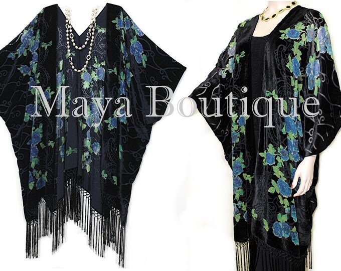 Tea Roses Caftan Kimono Burnout Velvet Black Blue Usa Made Maya Matazaro