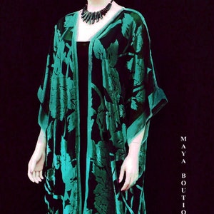 Seide Ausbrenner Samt Jacke Kimono Duster Teal & Black No Fringe Maya Matazaro
