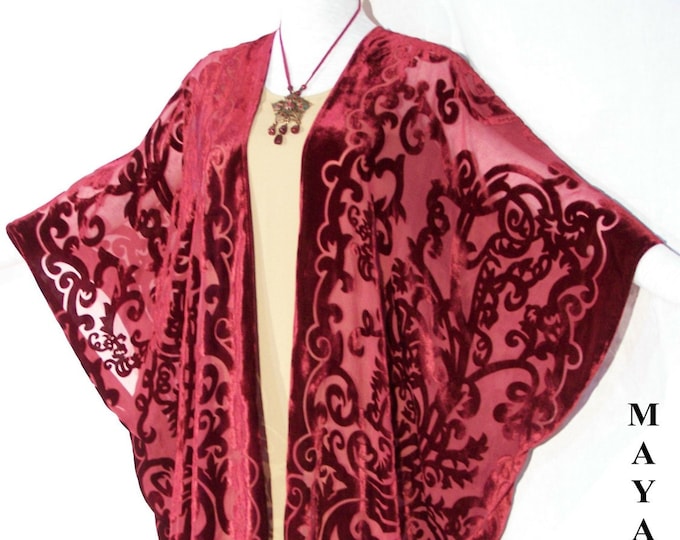 Art Nouveau Deep Red Caftan Kimono Burnout Velvet Maya Matazaro Made in USA