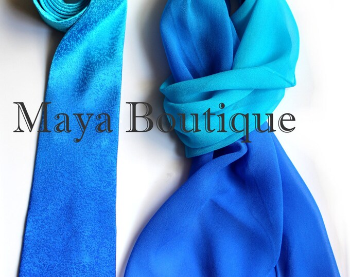 Matching Silk Neck Tie & Scarf Hand Dyed Blue Turquoise Ombre Maya Matazaro - Art to wear + Gift Box