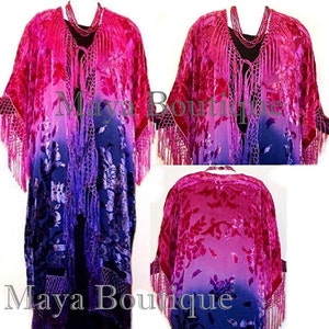 May include: A pink and purple ombre silk kimono with floral embroidery and fringe detailing. The kimono is shown in three different views.