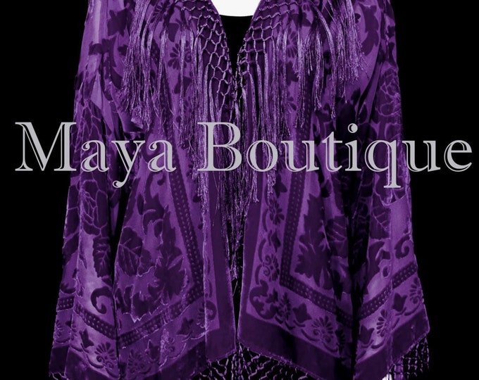 Dark Purple Kimono Fringe Jacket SILK Burnout Velvet Short Maya Matazaro Plus Size 3X-5X