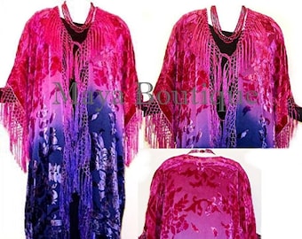 Maya Matazaro Hand Dyed Kimono Fringe Jacket Duster Silk Burnout Velvet Fuchsia, Purple & Navy