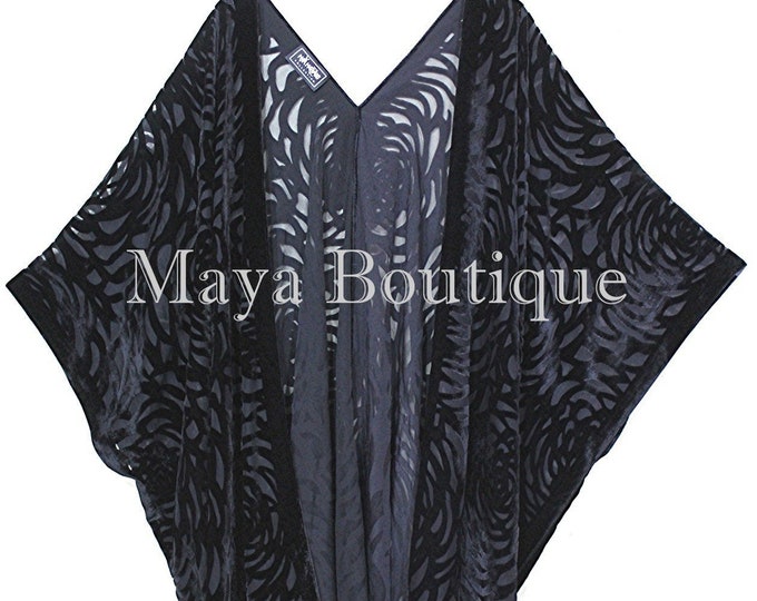 Maya Matazaro Black Camellia Burnout Velvet Caftan Kimono Jacket USA Made