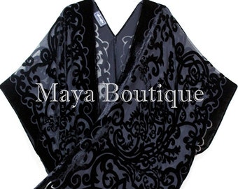 Art Nouveau Black Caftan Kimono Duster Burnout Velvet Maya Matazaro Made in USA