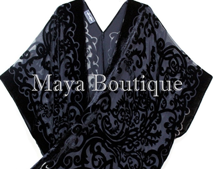 Art Nouveau Black Caftan Kimono Duster Burnout Velvet Maya Matazaro Made in USA