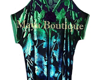 Silk Burnout Velvet Jacket Kimono Duster Blue & Green No Fringe Maya Matazaro