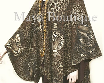 Animal Print & Solid Brown Reversible Wool Cashmere Cape Ruana Coat Maya Matazaro