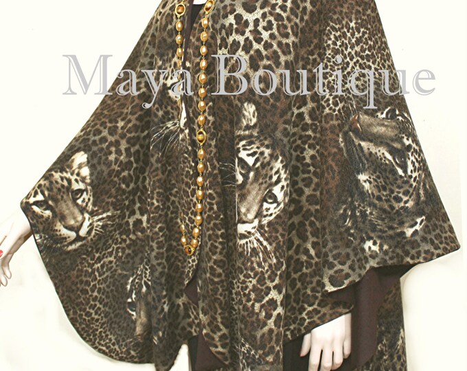 Animal Print & Solid Brown Reversible Wool Cashmere Cape Ruana Coat Maya Matazaro