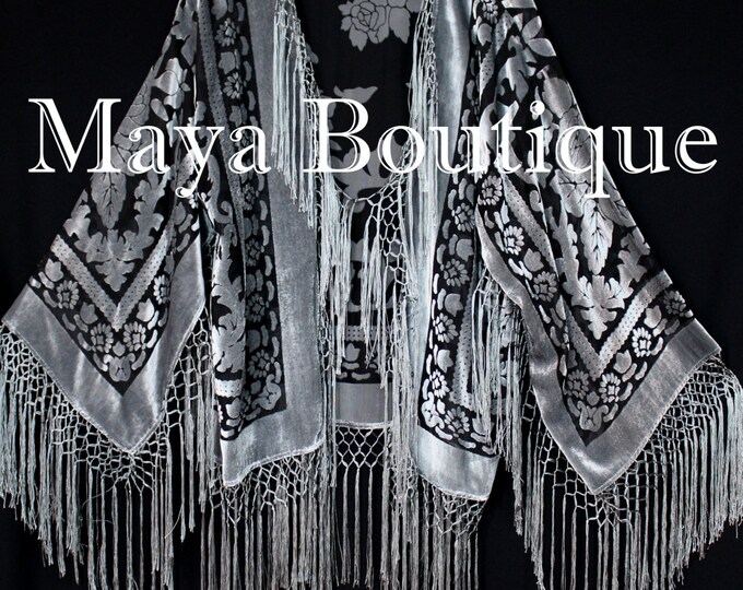 Fringe Jacket Kimono Blazer Burnout Velvet Silver Gray & Black Maya Matazaro