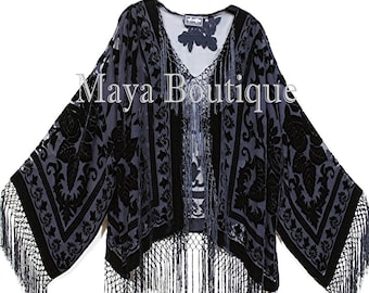 Black Kimono Fringe Jacket SILK Burnout Velvet Short Maya Matazaro Plus Size 3X-5X