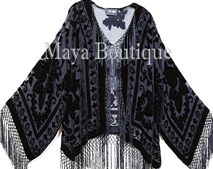 Black Kimono Fringe Jacket SILK Burnout Velvet Short Maya Matazaro Plus Size 3X-5X