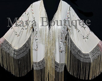 Silk Embroidered Fringe Kimono Flapper Jacket Vanilla Maya Matazaro USA Made