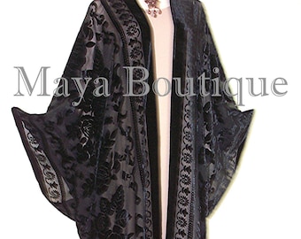 Maya Matazaro Opera Caftan Kimono Duster Burnout Velvet Black Extra Long