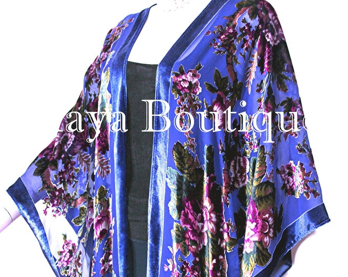 Caftan Kimono Duster Silk Burnout Velvet Royal Blue Gypsy Rose Maya Matazaro