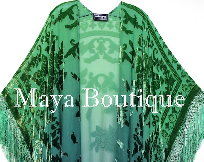 Green Ombre Wearable Art Kimono Caftan Fringe Jacket Burnout Velvet Hand Dyed Maya