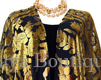 Antique Gold Caftan Duster Fringe Jacket Kimono Burnout Velvet Hand Dyed Maya Matazaro