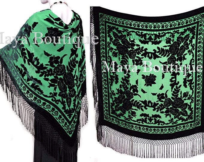 Green & Black Piano Shawl Scarf Fringe Wrap Silk Burnout Velvet Maya Matazaro