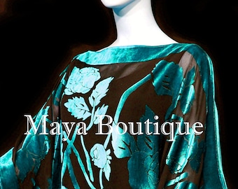 Caftan Dress Kimono Silk Burnout Velvet Teal Black Maya Matazaro