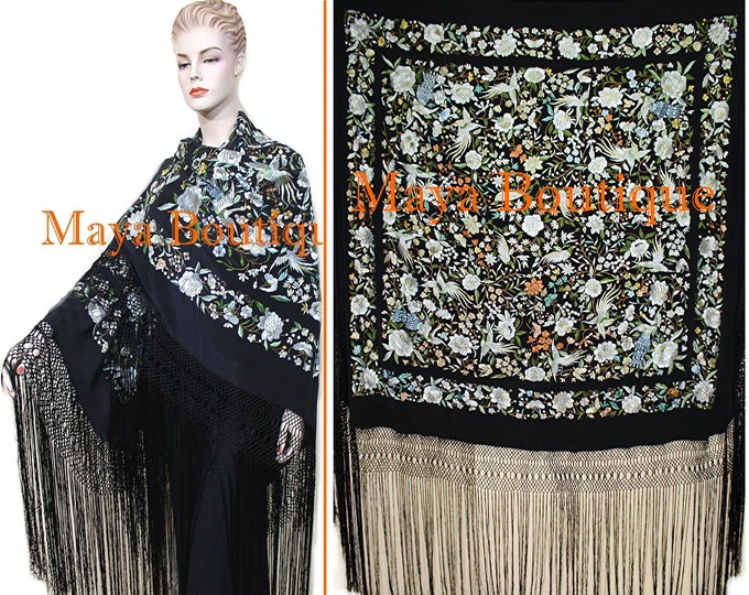 Hand Embroidered Flamenco Silk Piano Shawl Floral Birds Butterfly Huge 99" Maya