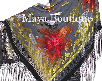 Maya Matazaro Tie Dye Brown Multi Silk Burnout Velvet Piano Shawl Wrap Scarf