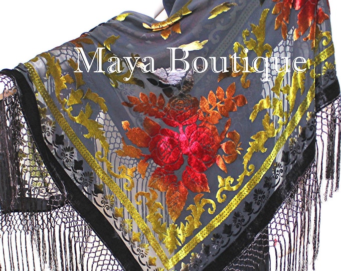 Maya Matazaro Tie Dye Brown Multi Silk Burnout Velvet Piano Shawl Wrap Scarf